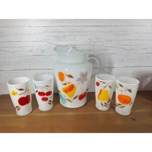 Vintage MCM Bartlett Collins Gay Fad White Frosted Fruit Pitcher & 4 Glasses